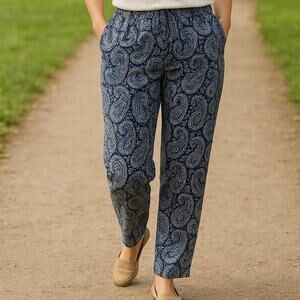 Talbots Pull On Drawstring Loose NWOT Paisley Floral Blue Women's Medium